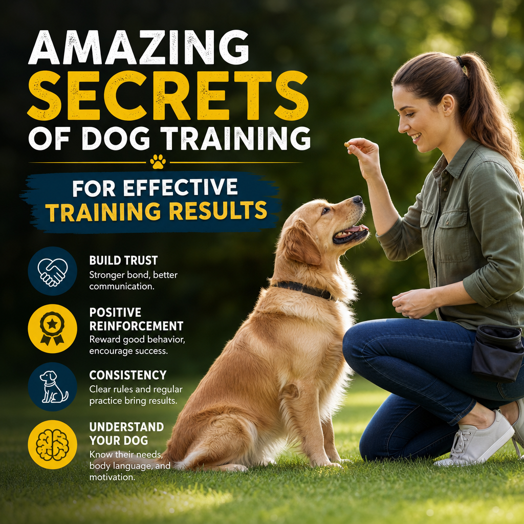 Woman training a golden retriever outdoors with tips for effective dog training displayed beside them.