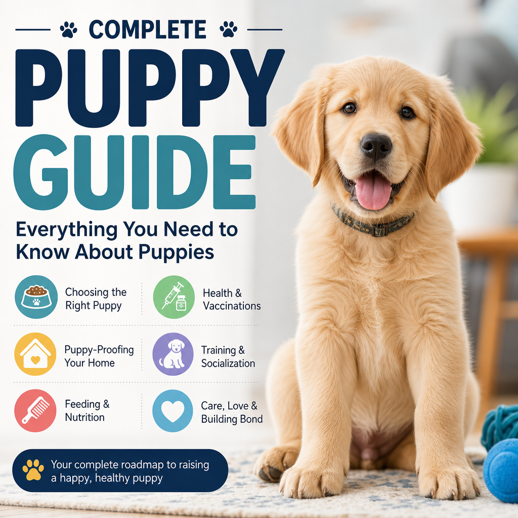 Smiling puppy sitting on a plaid blanket next to illustrated icons about puppy care and training.
