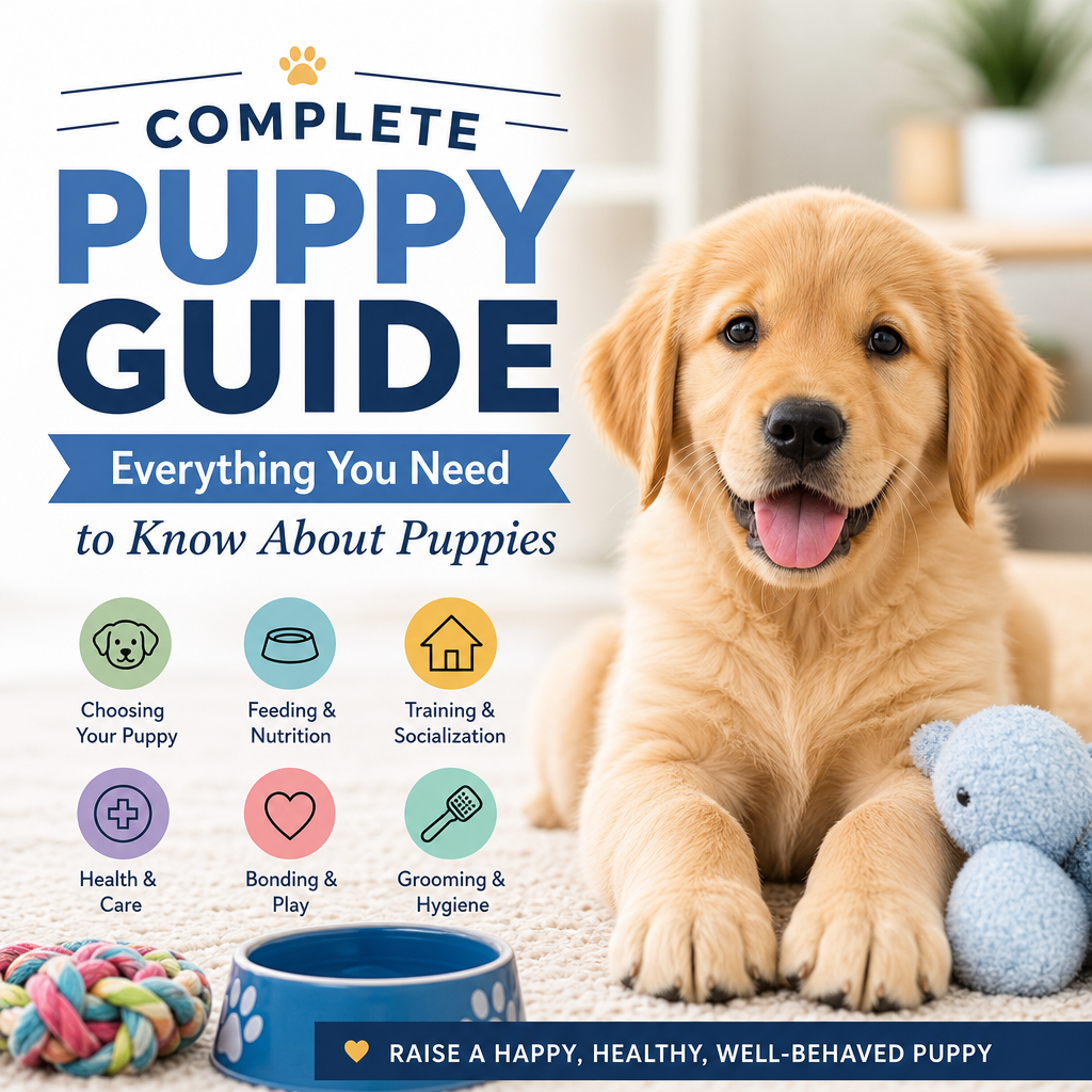 Smiling golden retriever puppy sitting indoors, looking happy and ready to play, symbolizing puppy care and training.
