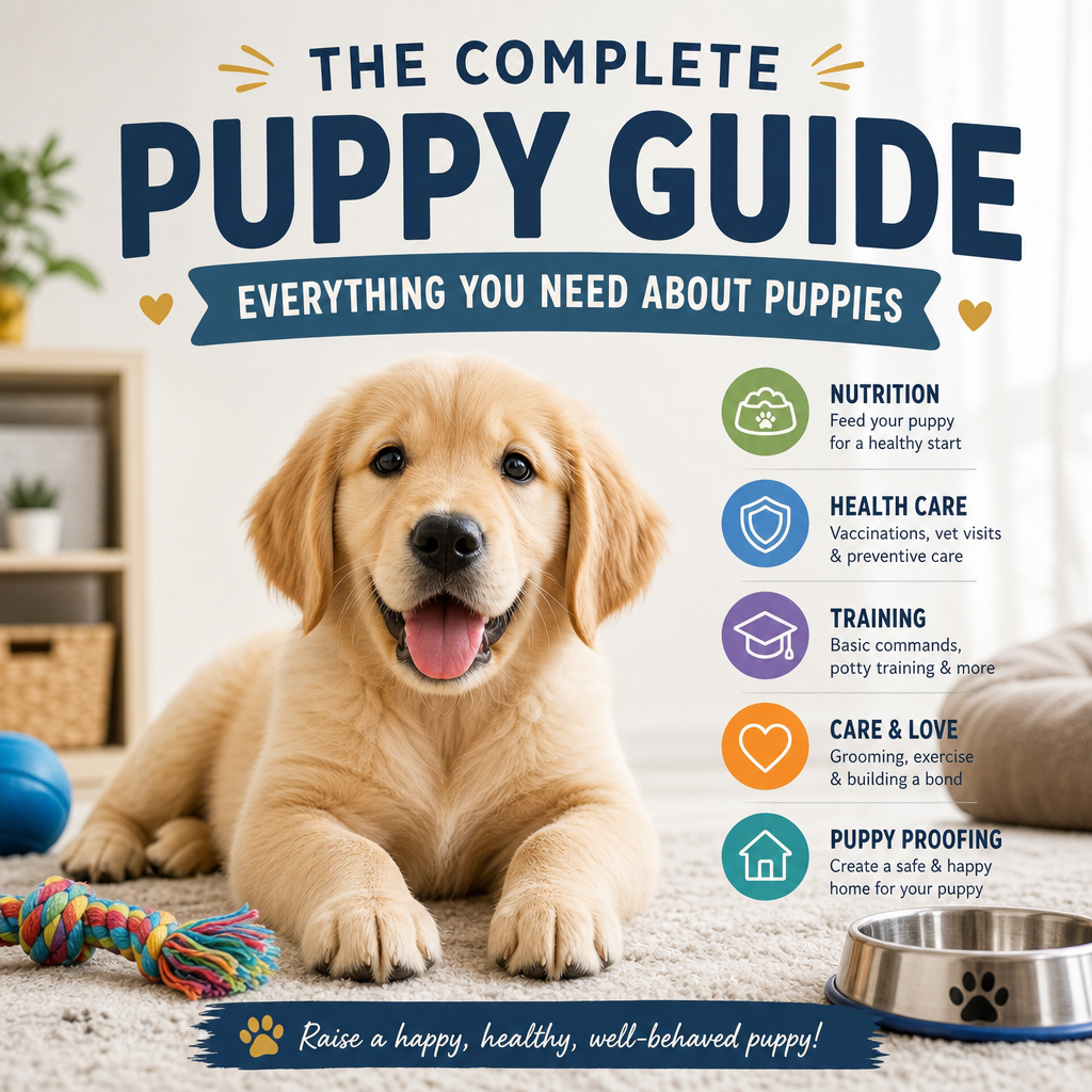 Cover image for "The Complete Puppy Guide" showing a happy puppy surrounded by icons of health, training, nutrition, and care