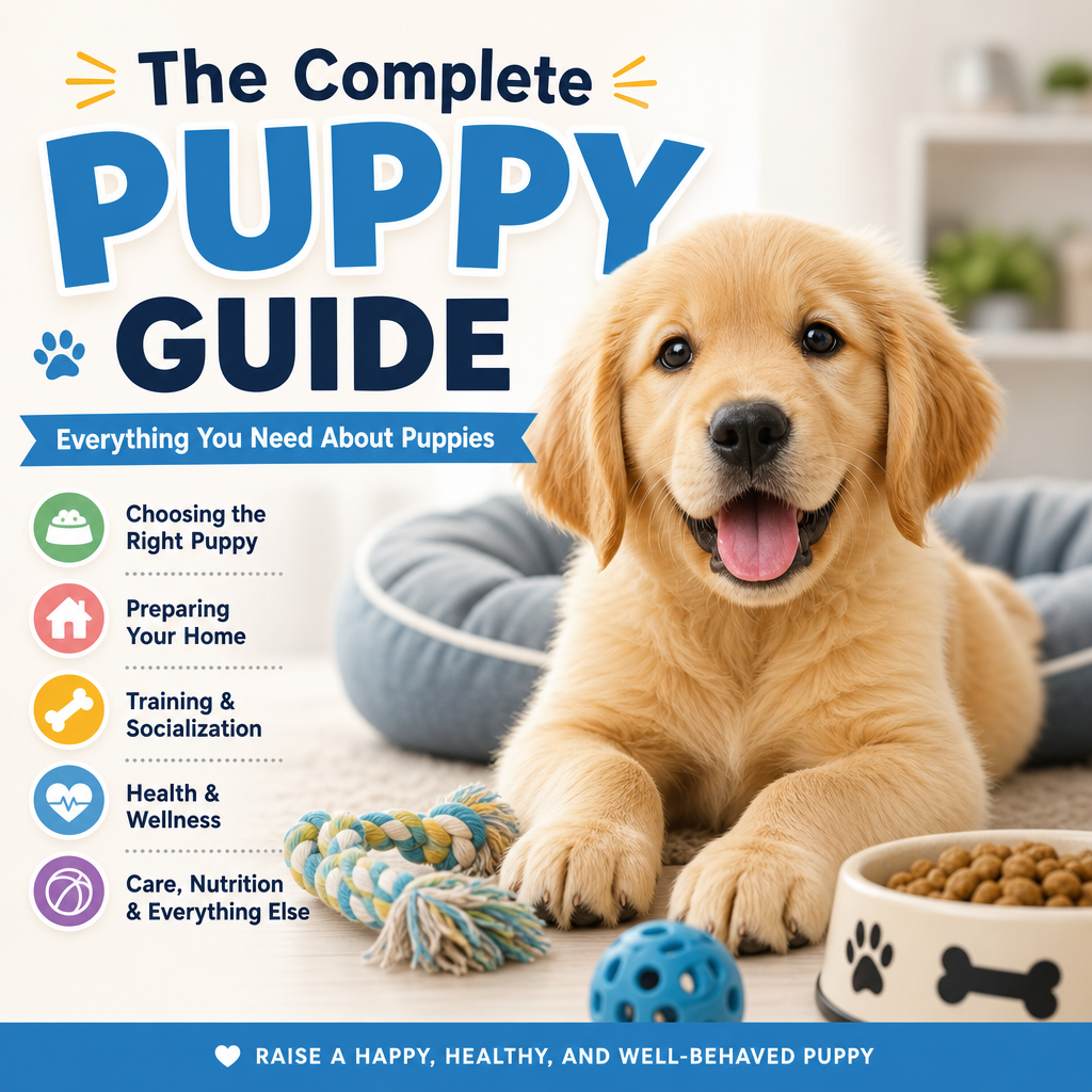 Happy golden retriever puppy with illustrated tips on choosing, training, and caring for puppies in The Complete Puppy Guide.