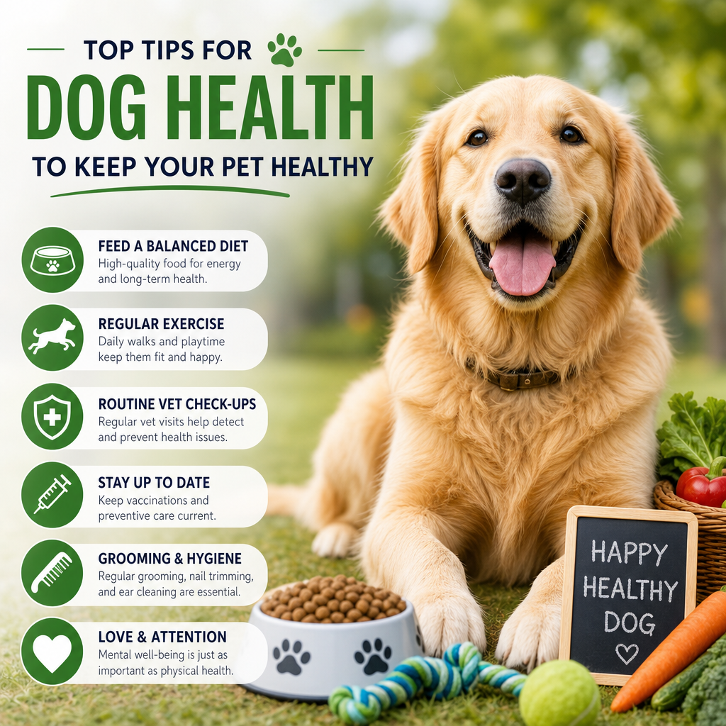 Infographic illustrating essential dog health tips: balanced diet, exercise, vet visits, vaccinations, grooming, and affectio